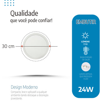 Painel Led 30x30 24W Embutir Redondo Luminária